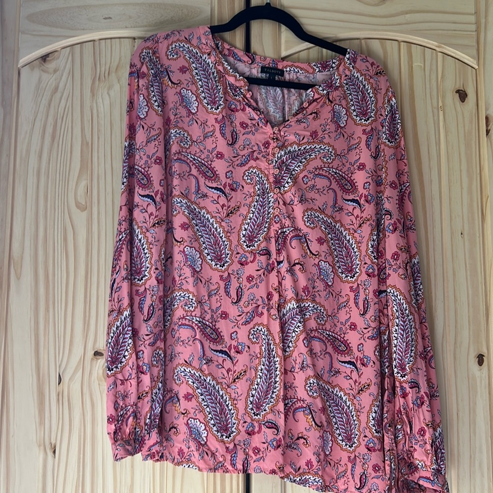 Talbots Pink Patterned Blouse Size L - image 1